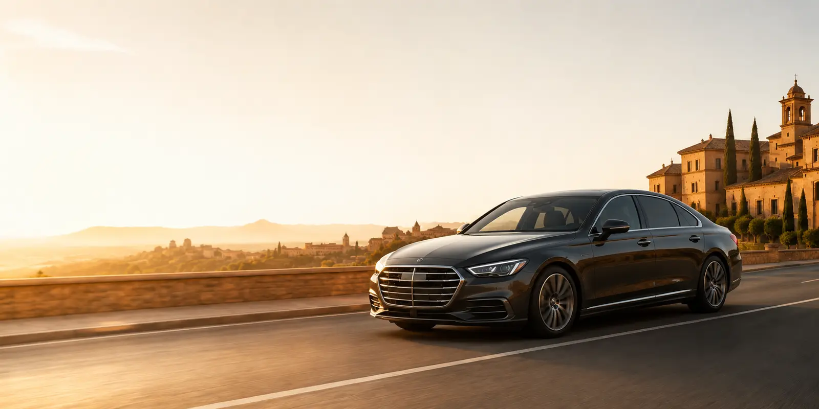 Black executive Business Class sedan on a Spanish road.