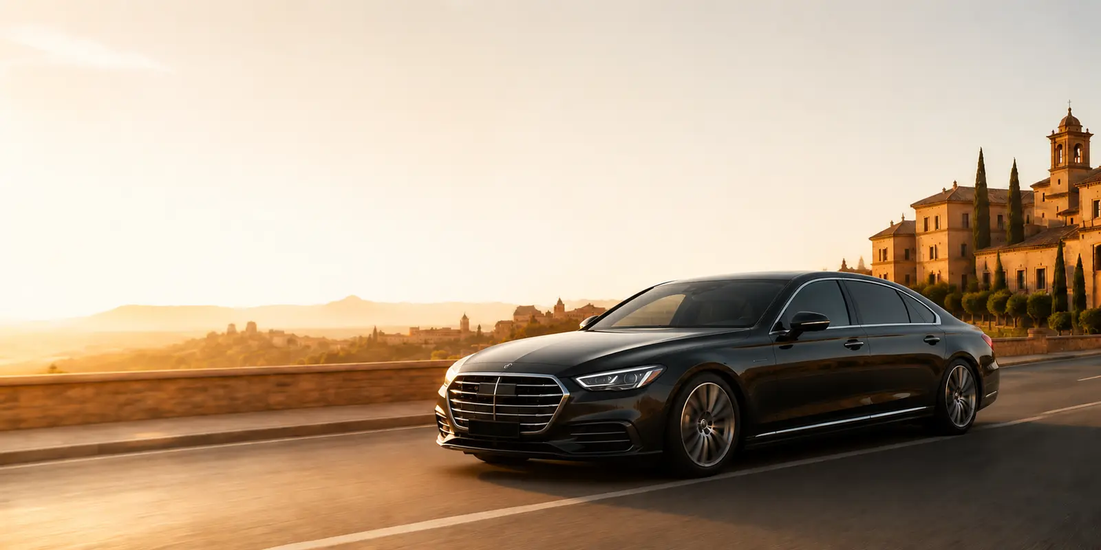 Black premium First Class chauffeur sedan on a Spanish road.