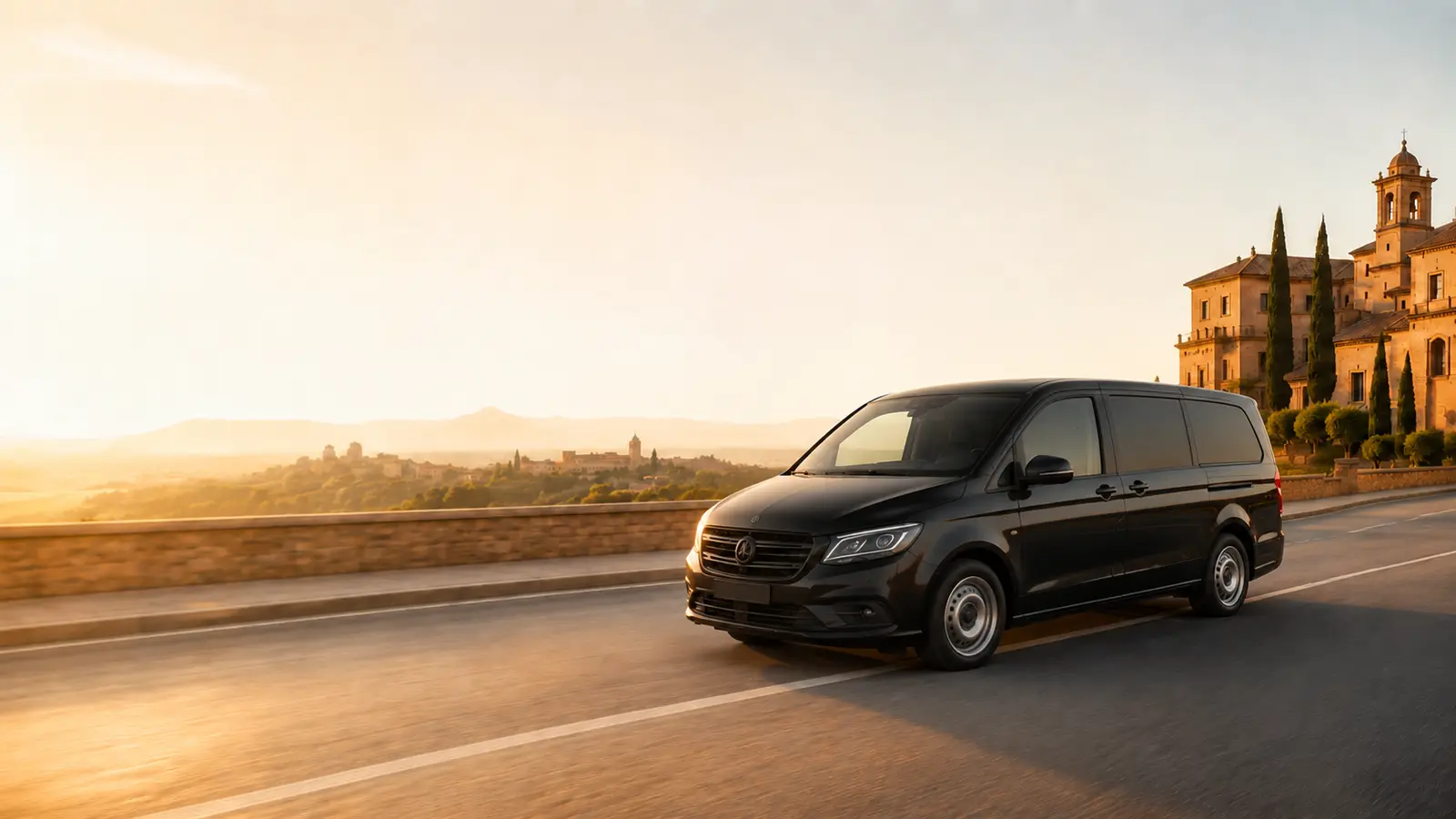 Black compact Vito passenger minibus on a Spanish road.